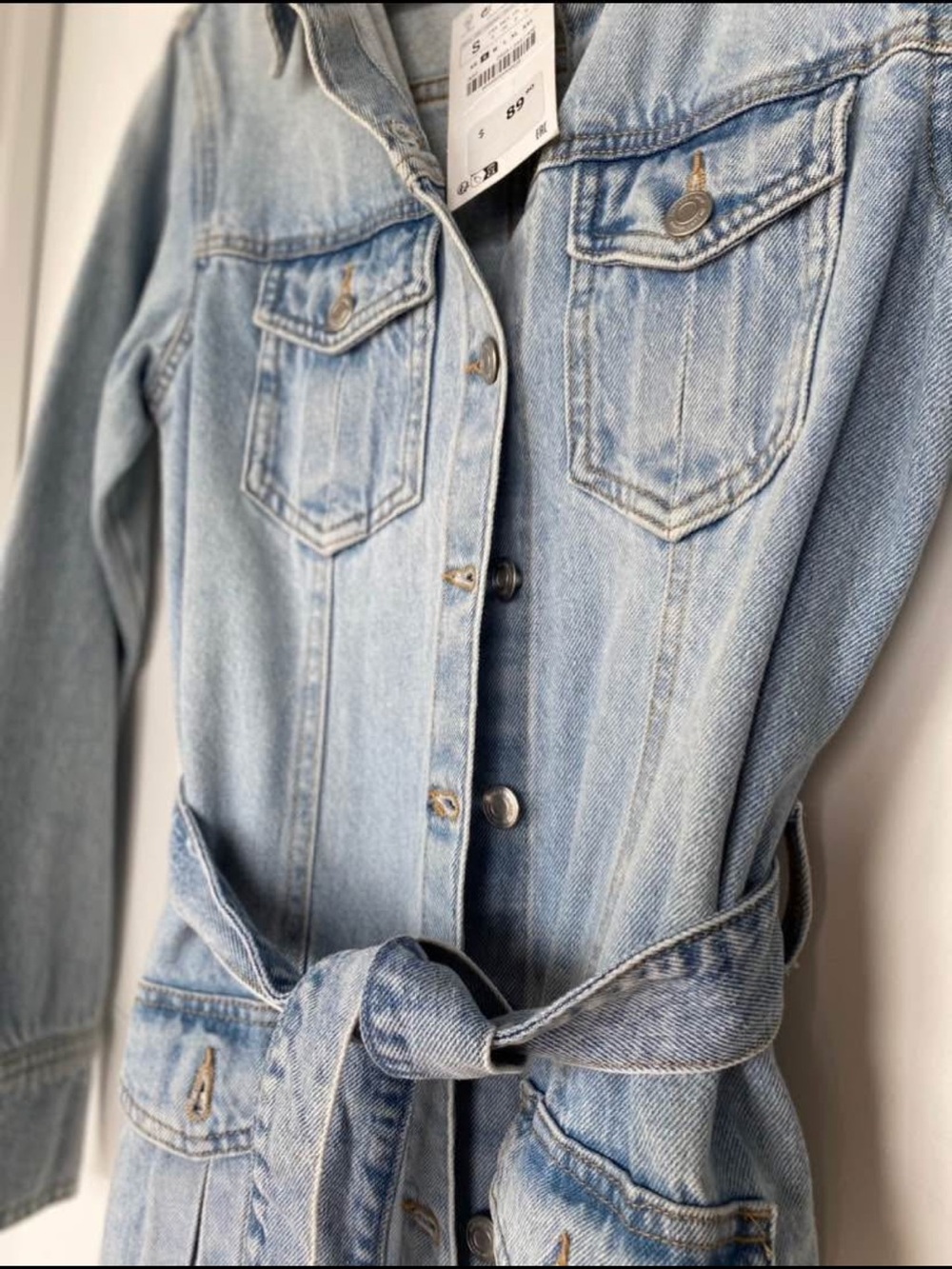Zara Light Blue Denim Midi Dress with Belt